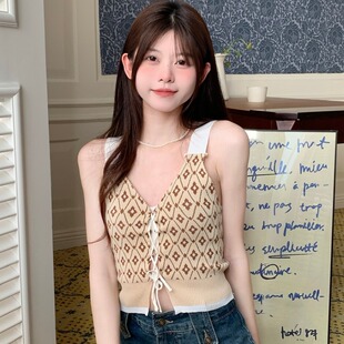 显瘦吊带上衣 胖妹妹夏季 港味chic风复古格子系带针织背心大码 女装