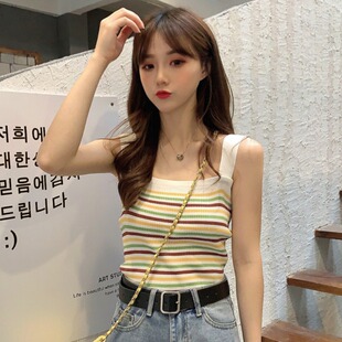 修身 胖妹妹夏季 显瘦针织上衣 女装 泫雅风彩色条纹拼接吊带背心大码