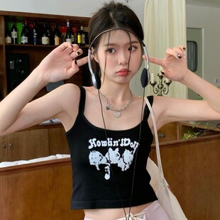 显瘦针织上衣 胖妹妹百搭修身 港味复古风字母印花吊带背心大码 女装