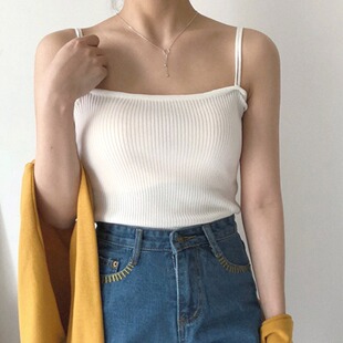 韩版 夏季 chic风学生纯色百搭吊带背心胖MM双肩带针织上衣 女装 大码