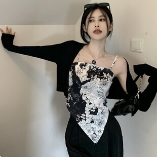 上衣微胖妹妹修身 夏季 设计感油墨印花无袖 女装 显瘦吊带背心潮 大码