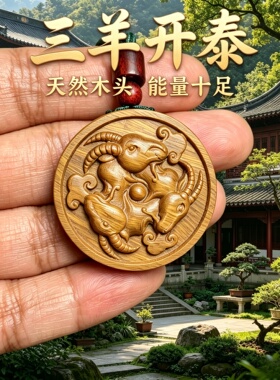 桃木三羊开泰生肖羊牌护身吊坠