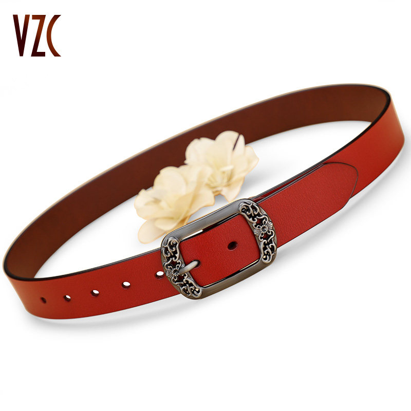 皮带女士真皮牛皮复古时尚休闲百搭针扣红色宽腰带装饰配牛仔裤带