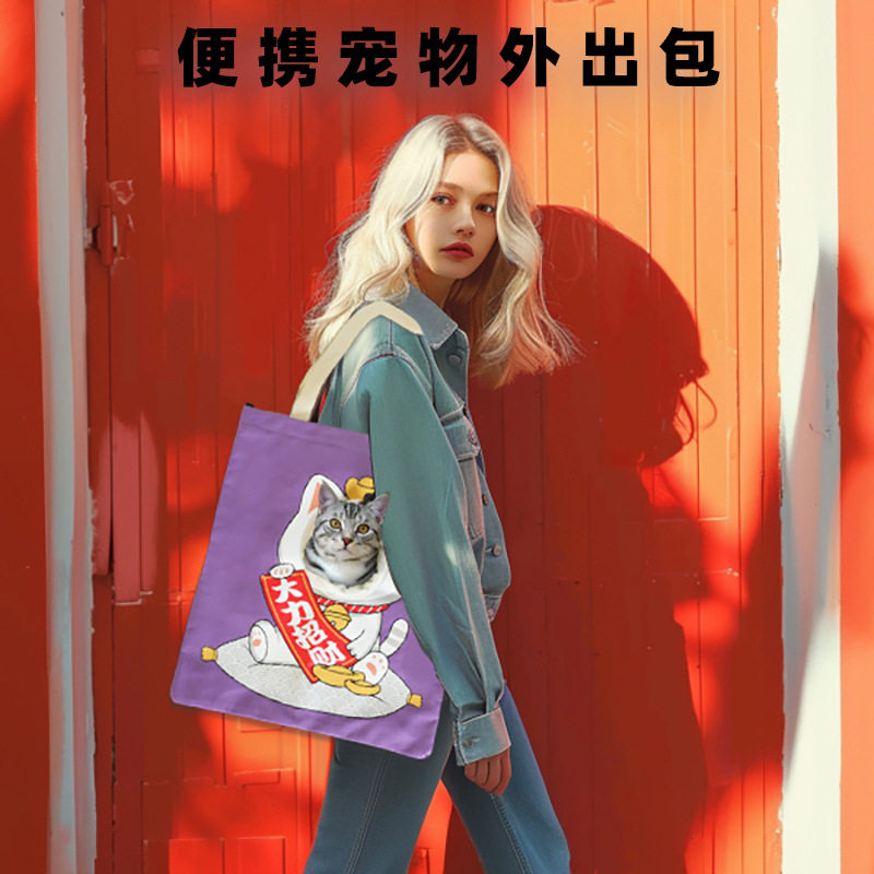 招财猫包外出便携帆布包肩包斜挎包比熊小型犬出行包可露头拉链包