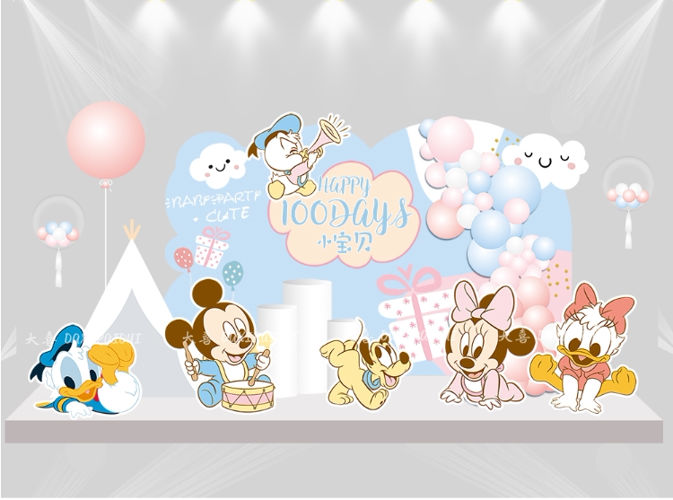 迪士尼米奇米妮唐老鸭蓝色宝宝生日派对百日周岁宴背景布置ps素材