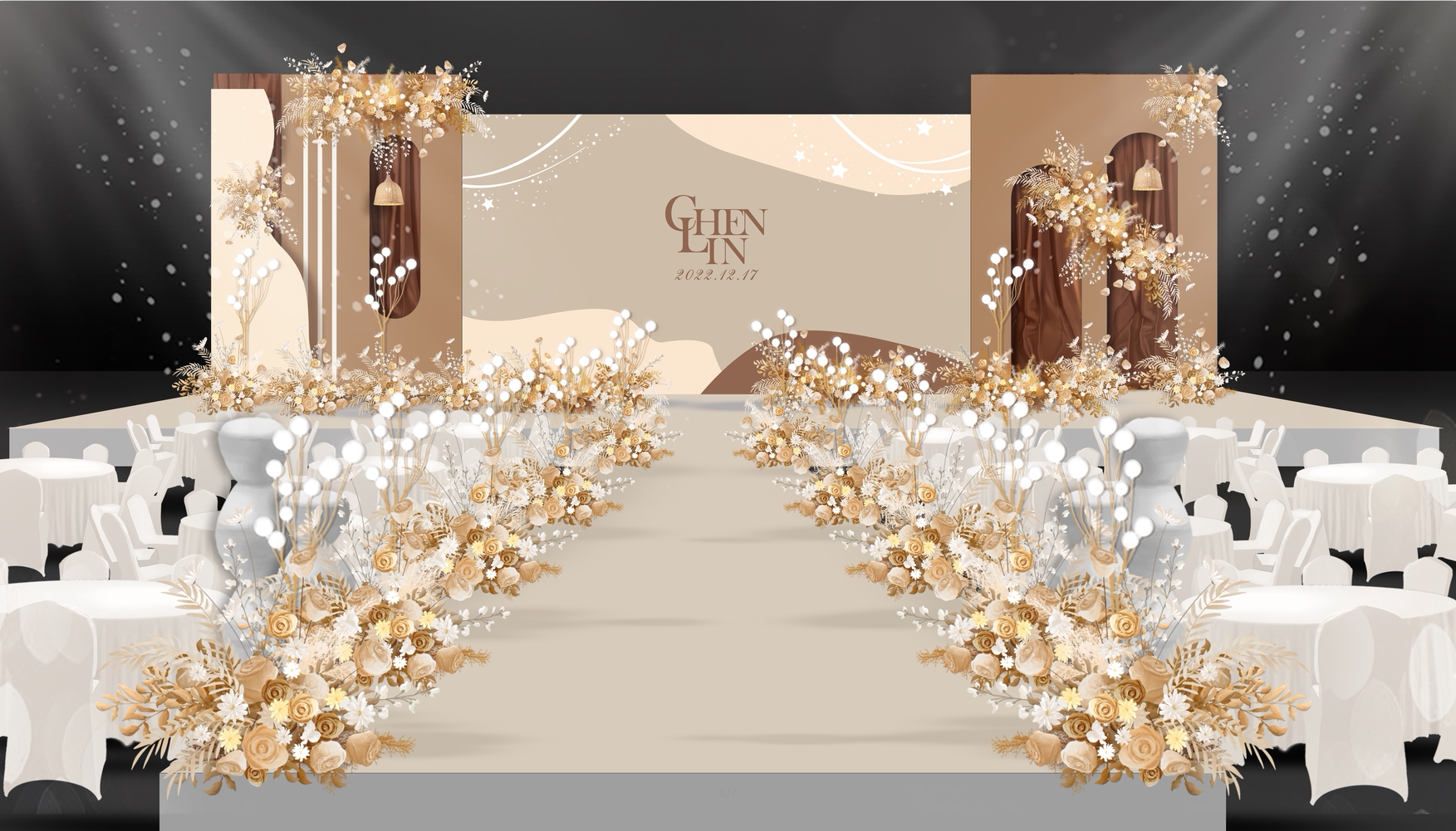 香槟色梦幻婚礼效果图奶咖色高端婚礼效果图婚庆场景布置psd素材