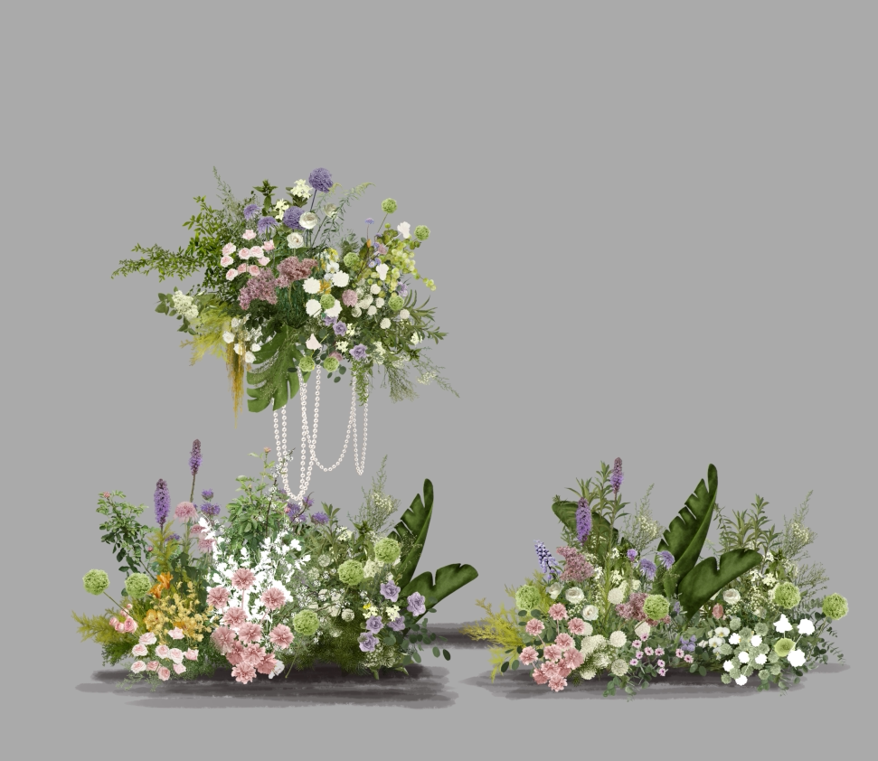 婚庆白绿蓝粉花艺拱门圆形花门婚礼效果图手绘素材psd源文件