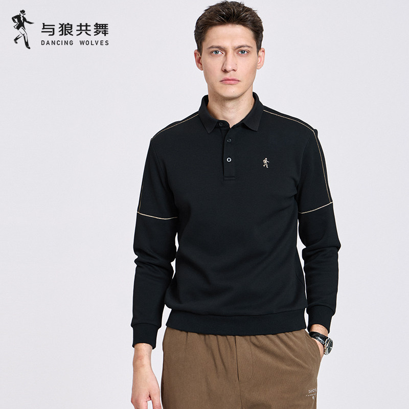 与狼共舞加绒衬衫领卫衣男秋款