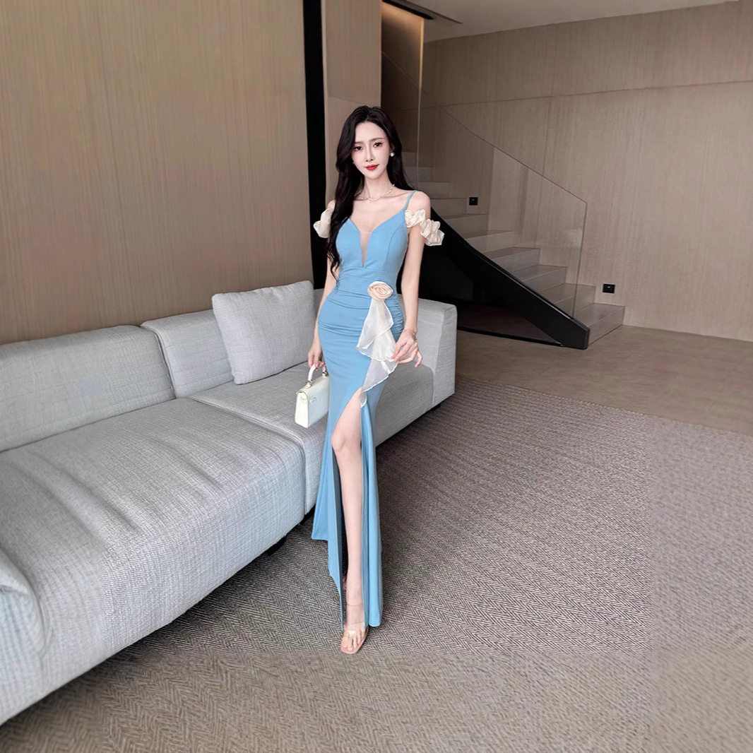 1625高级感吊带露肩订花连衣裙晚礼服裙订婚宴会花朵拼接收腰开叉