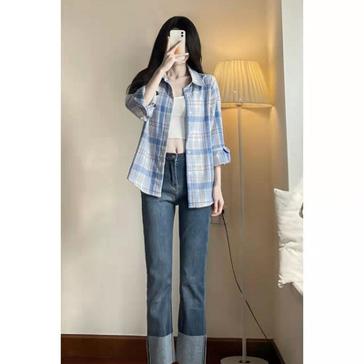 时尚复古上衣磨毛格纹衬衣