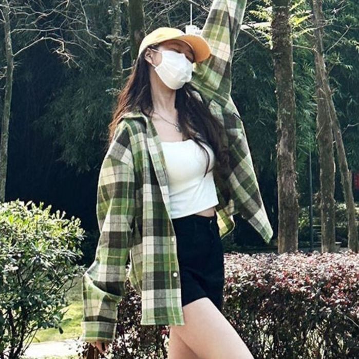 港风chic复古格子宽松百搭衬衣