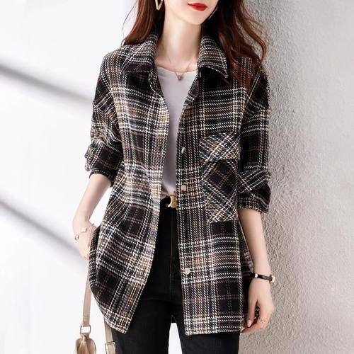 加厚磨毛格子长袖衬衫女