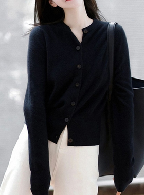 黑色针织开衫女秋季2023新款宽松外搭圆领短款上衣慵懒风毛衣外套