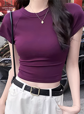 女2025夏装新款紫色辣妹短袖T恤性感紧身显瘦正肩短款纯欲上衣ins
