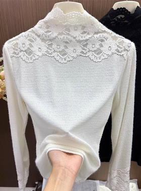 白色高领蕾丝打底衫女装秋冬配皮草内搭性感气质网纱长袖T恤上衣