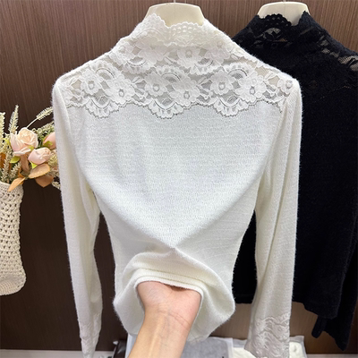白色高领气质网纱打底衫