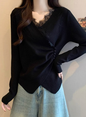 黑色V领蕾丝拼接针织衫2025秋冬新款女装设计感交叉显瘦打底毛衣