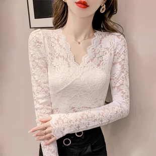 修身 显瘦洋气上衣 女秋冬性感花边内搭小衫 白色V领镂空蕾丝打底衫