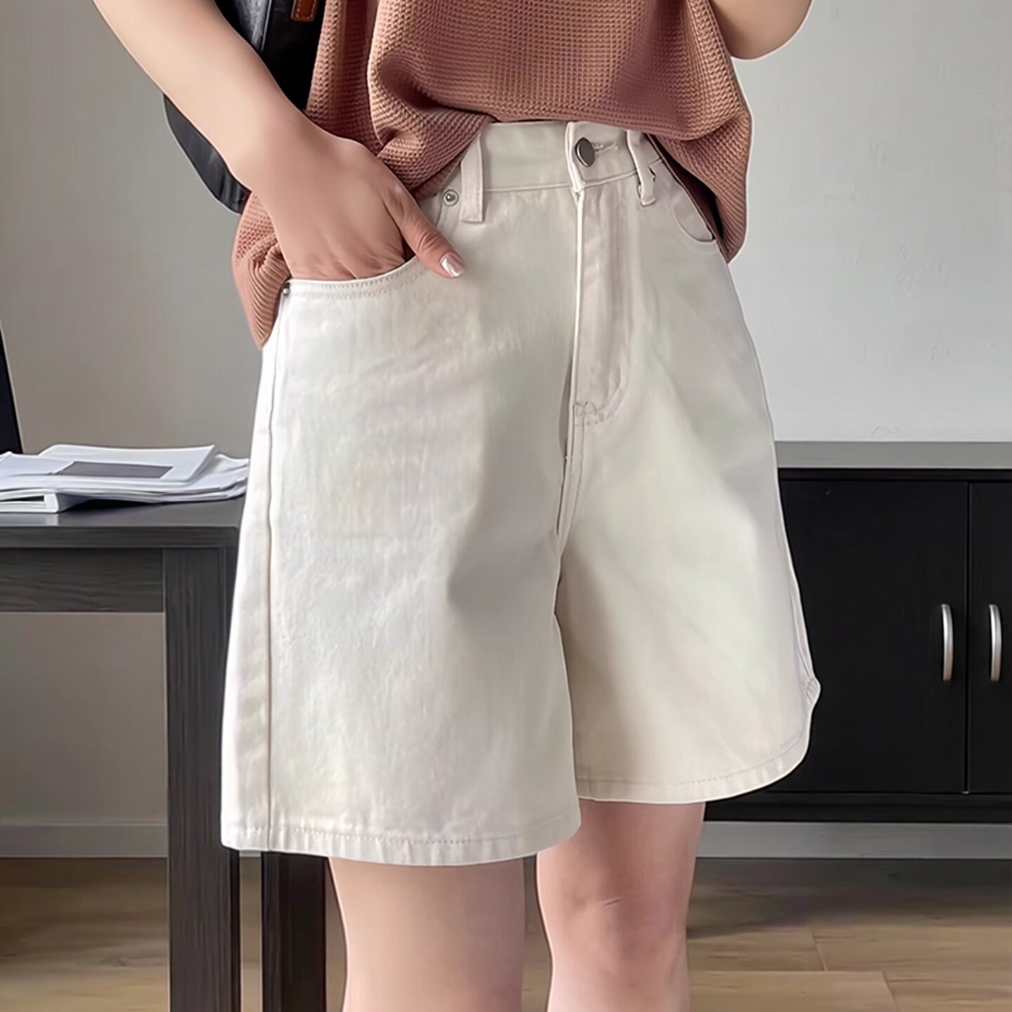 杏色牛仔阔腿短裤女夏薄款胖MM高腰宽松梨型身材休闲裤显瘦五分裤