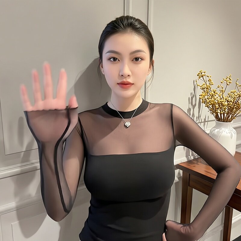 纯欲镂空黑色网纱打底衫