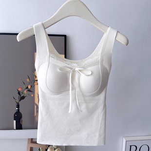巨暖和!蝴蝶结磨毛保暖背心女领口蕾丝边带胸垫内衣打底吊带内搭