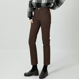 棕色牛仔裤女高腰直筒裤显瘦春秋冬季裤子咖啡色九分烟管裤