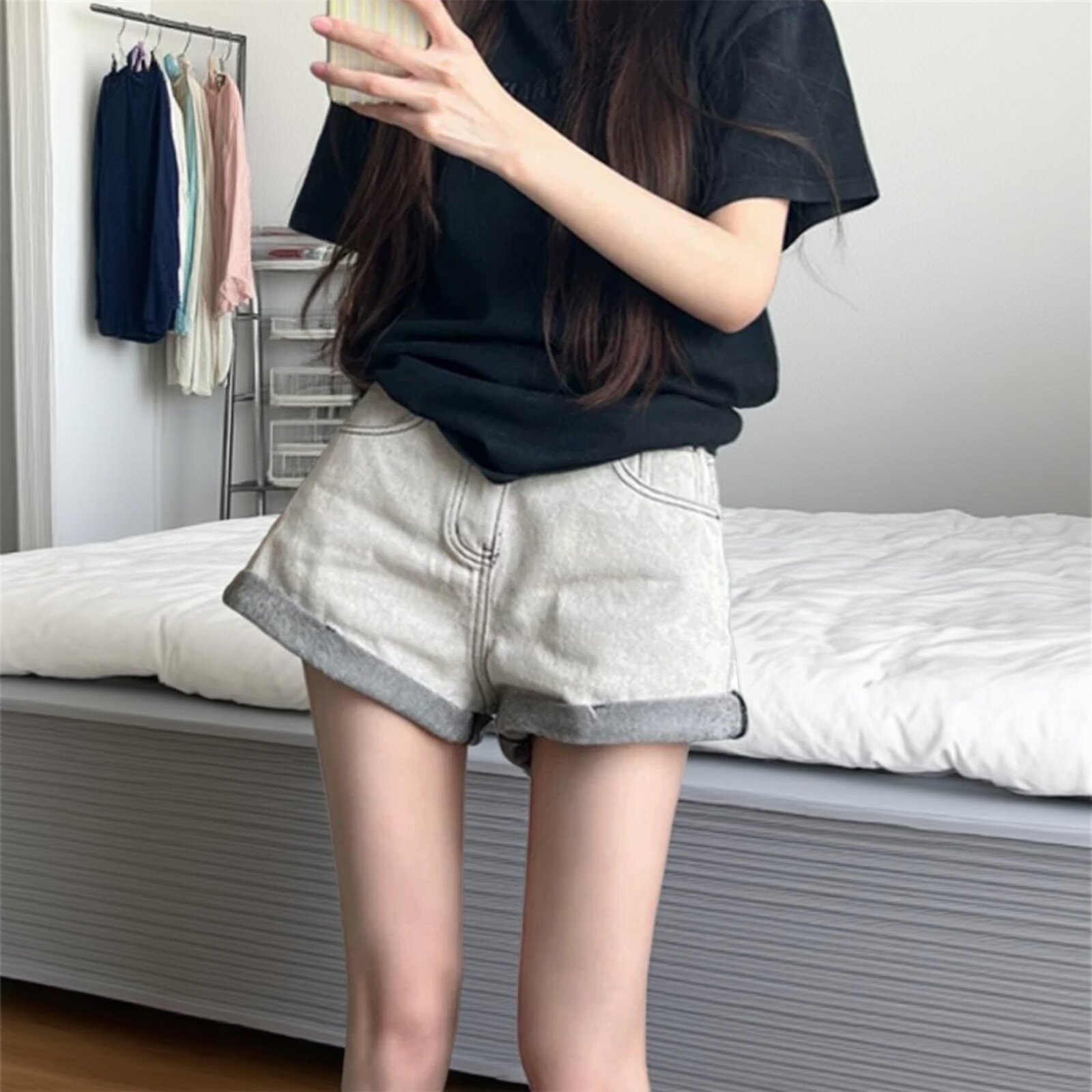 夏季灰白色卷边高腰牛仔短裤女士欧货小个子宽松工装a字阔腿热裤