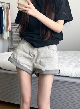 夏季卷边高腰牛仔短裤阔腿热裤