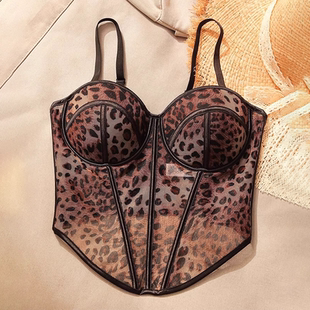 豹纹网纱吊带背心女带胸垫美式辣妹上衣西装内搭收腰法式鱼骨胸衣