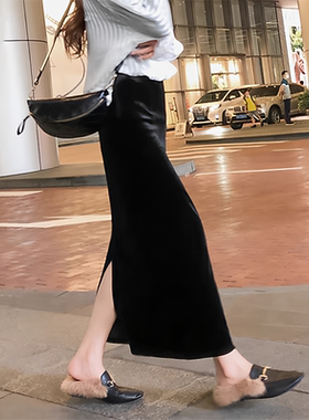 黑色金丝绒半身裙女2025春季新款加绒大码包臀裙中长款开叉一步裙
