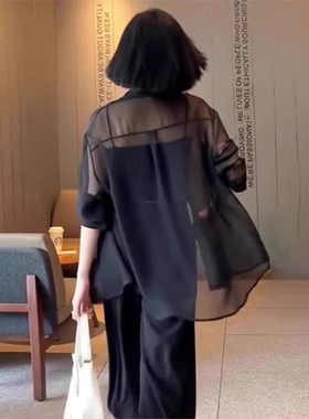 黑色防晒雪纺衬衫女2024年新款夏季透视薄纱开衫吊带外搭衬衣外套