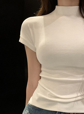 白色正肩针织衫女纯欲紧身辣妹风收腰显身材半高领短袖t恤上衣