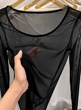 黑色网纱罩衫女装2025新款春夏透明薄纱长袖T恤吊带外搭蕾丝上衣
