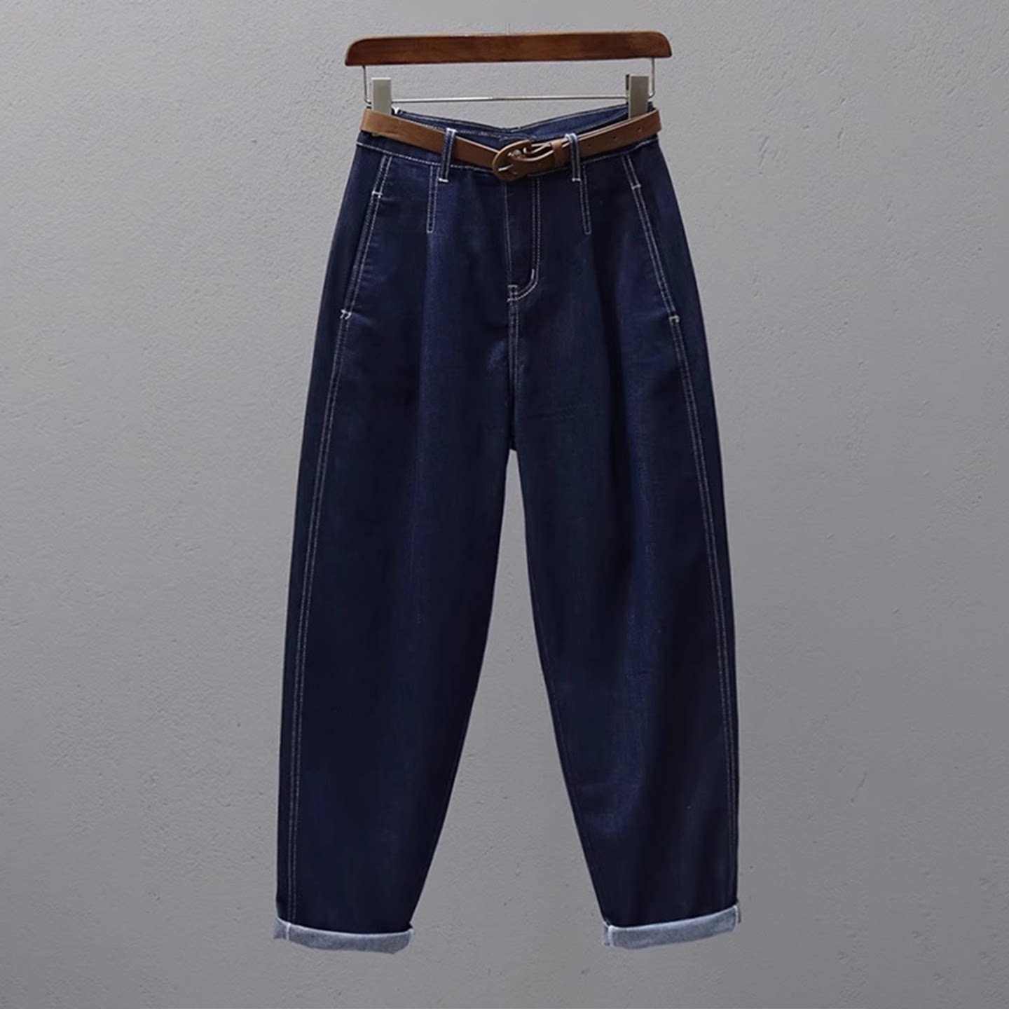 牛仔镰刀裤女秋冬高腰宽松显瘦深蓝老爹灯笼裤百搭休闲香蕉哈伦裤