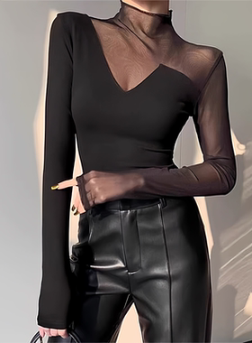 黑色半高领网纱打底衫女秋冬修身内搭性感长袖T恤洋气内搭上衣