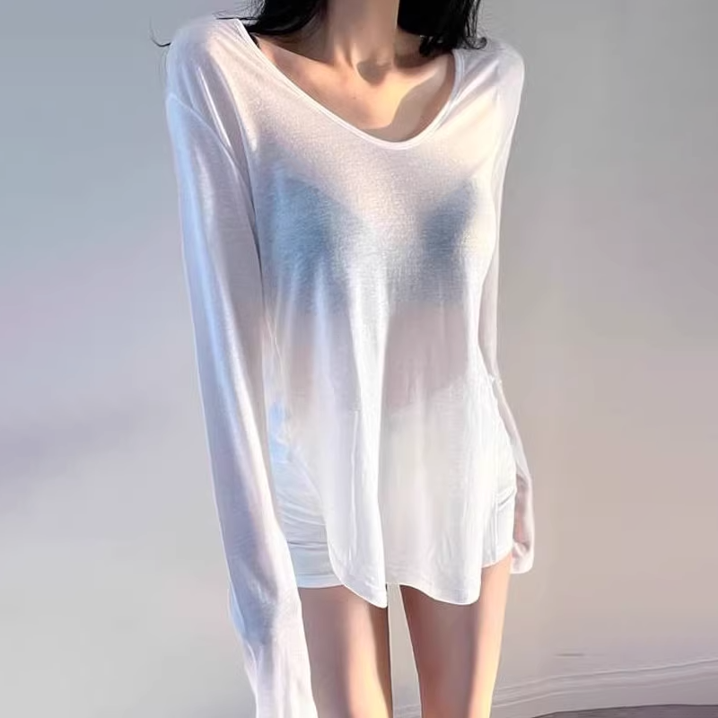 性感微透V领长袖T恤女士春夏新款薄款舒适气质显身材防晒罩衫上衣