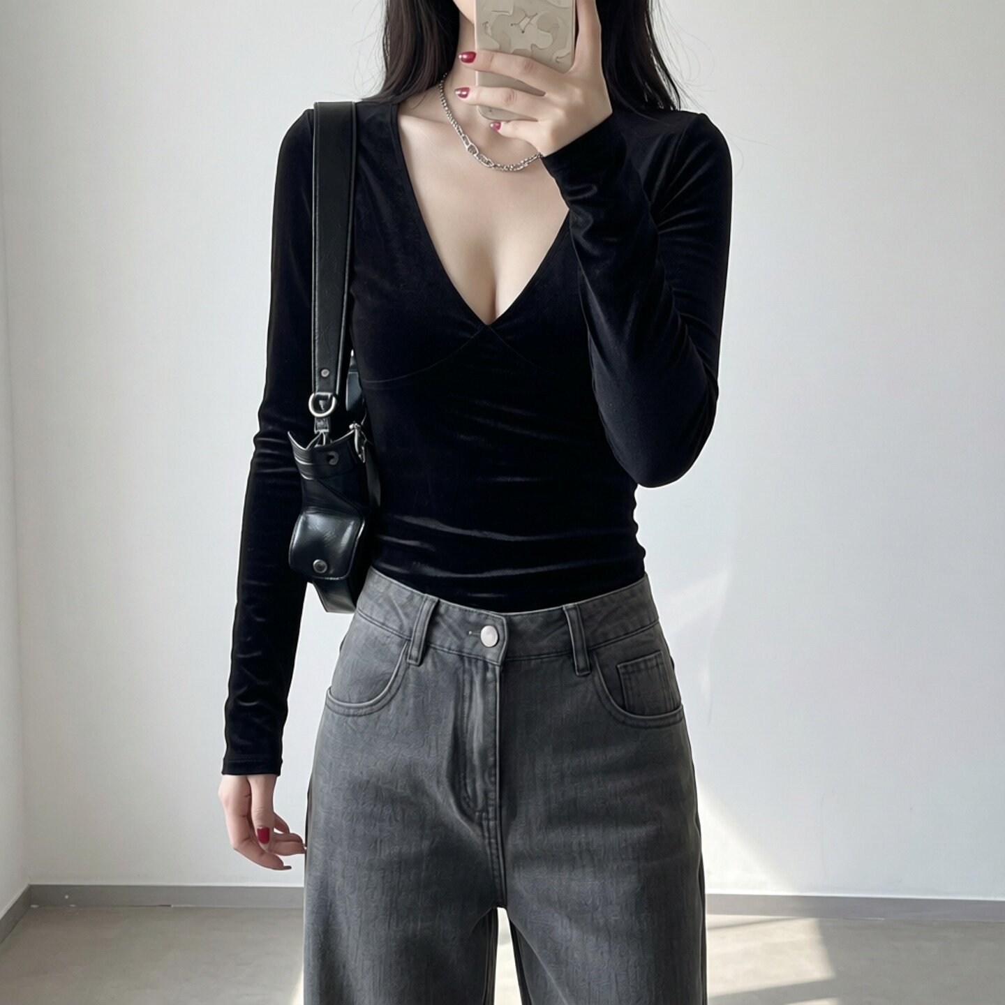 辣妹黑色V领修身打底衫