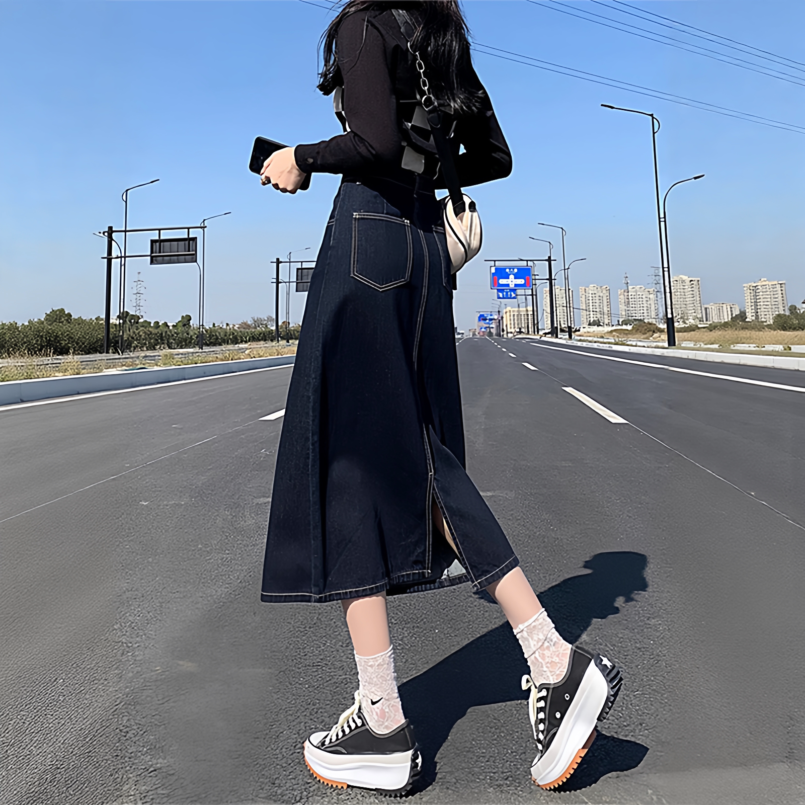 开叉牛仔半身裙女2025春季新款小个子高腰a字裙复古中长款包臀裙