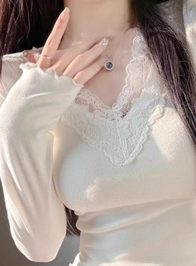 白色V领纯欲蕾丝德绒打底衫女秋冬皮草内搭茶艺长袖t恤修身上衣