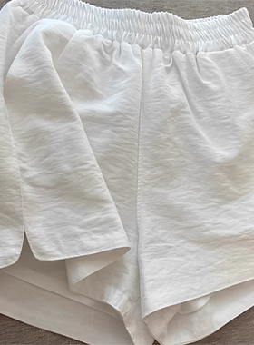 白色亚麻短裤女春夏新款a字版开叉阔腿裤松紧腰显瘦宽松棉麻女裤