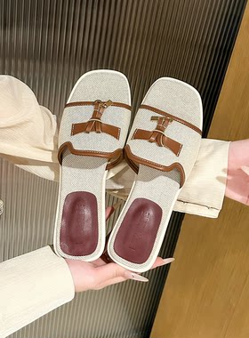 老钱风金属扣亚麻女夏一字拖