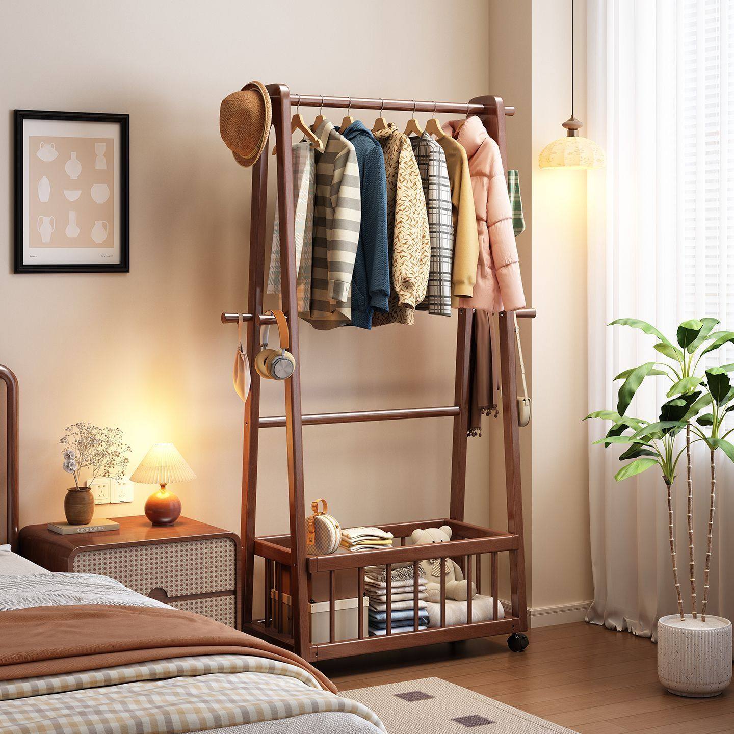 全实木挂衣架落地式衣帽架家用卧室次净衣架可移动挂衣服置物架子