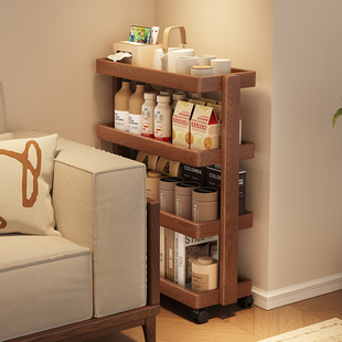 全实木小推车置物架书架可移动收纳架沙发侧边零食储物带轮窄边柜