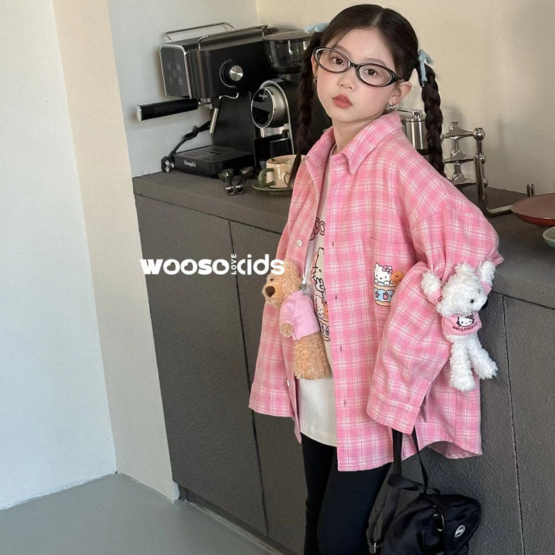 WOOSO春款新款玩偶格子长袖衬衫