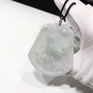 D696# 天然翡翠天狗吊牌吊坠毛衣链 冰透体 54.5*47*5.5mm
