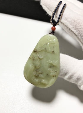 D1190# 天然和田玉黄口老料桂花糕山水吊坠47.3*30.5*12mm