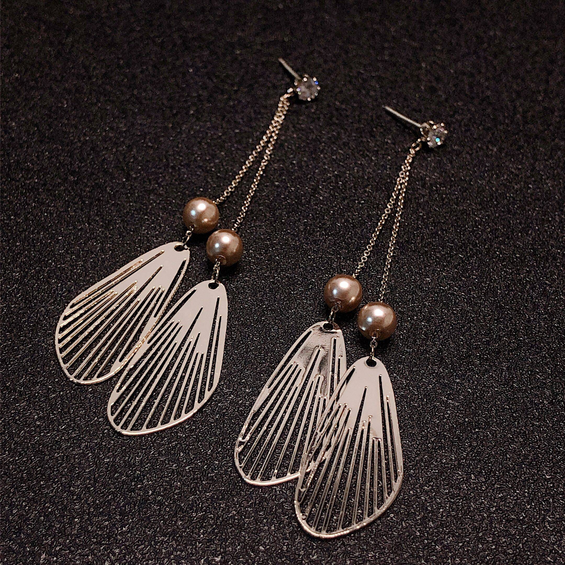 纯银耳饰翅膀电镀保色珍珠