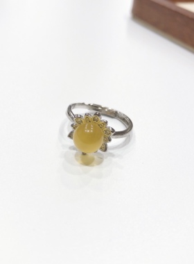 G18# 天然蜜蜡金绞蜜圆珠戒指8mm 配S925银托