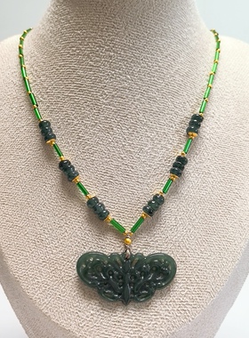 D1495# 天然A货蓝水翡翠蝴蝶吊坠 配蓝水翡翠盘珠项链 沙金配件