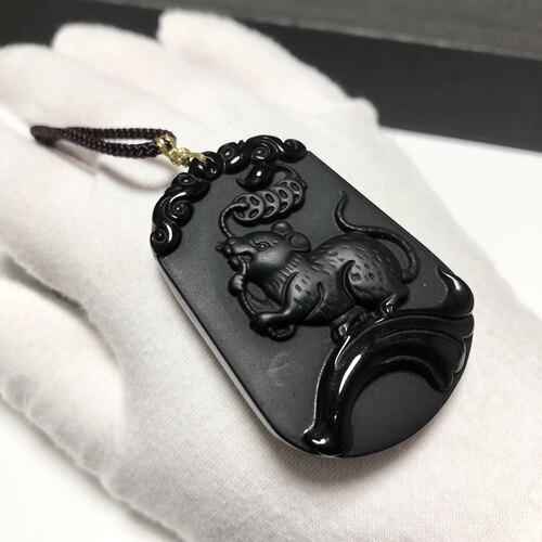 D515# 天然黑曜石生肖鼠牌 属你有钱48.5*35*11.5mm